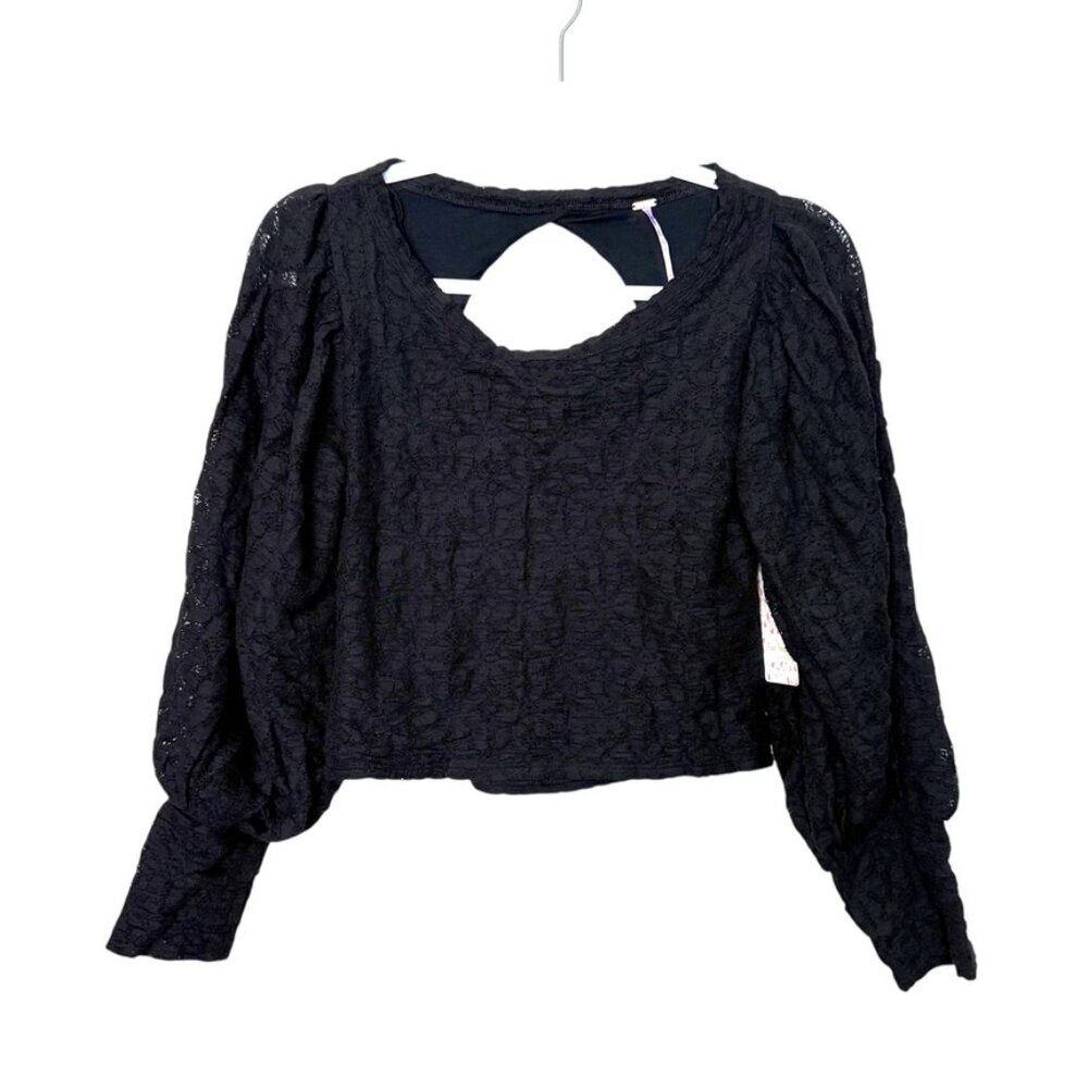 Free People Tea Time Blouse Women M Black Lace Open Back Puffed Sleeves Boho NWT
